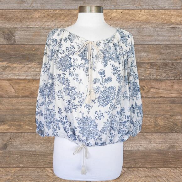 RALPH LAUREN Denim & Supply Floral Boho Peasant Top Small Tasseled Blue Cream - Picture 1 of 9